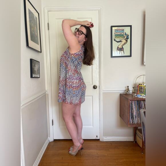 60s Vintage Nylon A Line Mini Dress with Funky Pattern - Picture 2 of 7